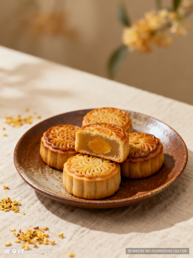 美味月饼摆放在精致盘中