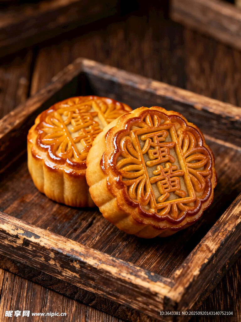 木盘上的传统花纹月饼