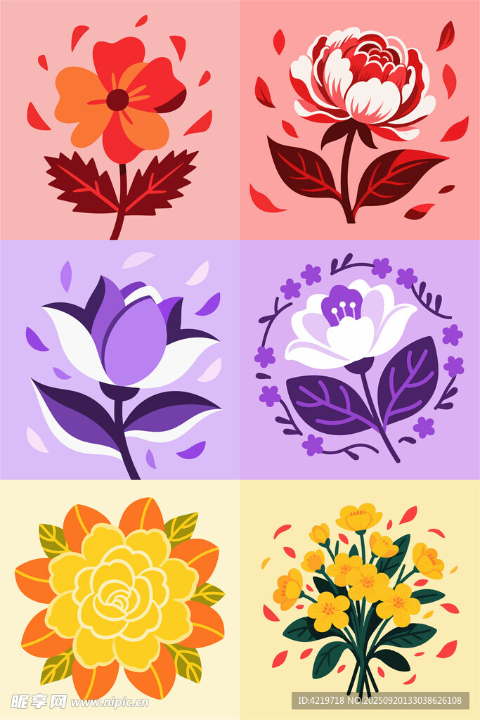 多彩花卉图案集合插画