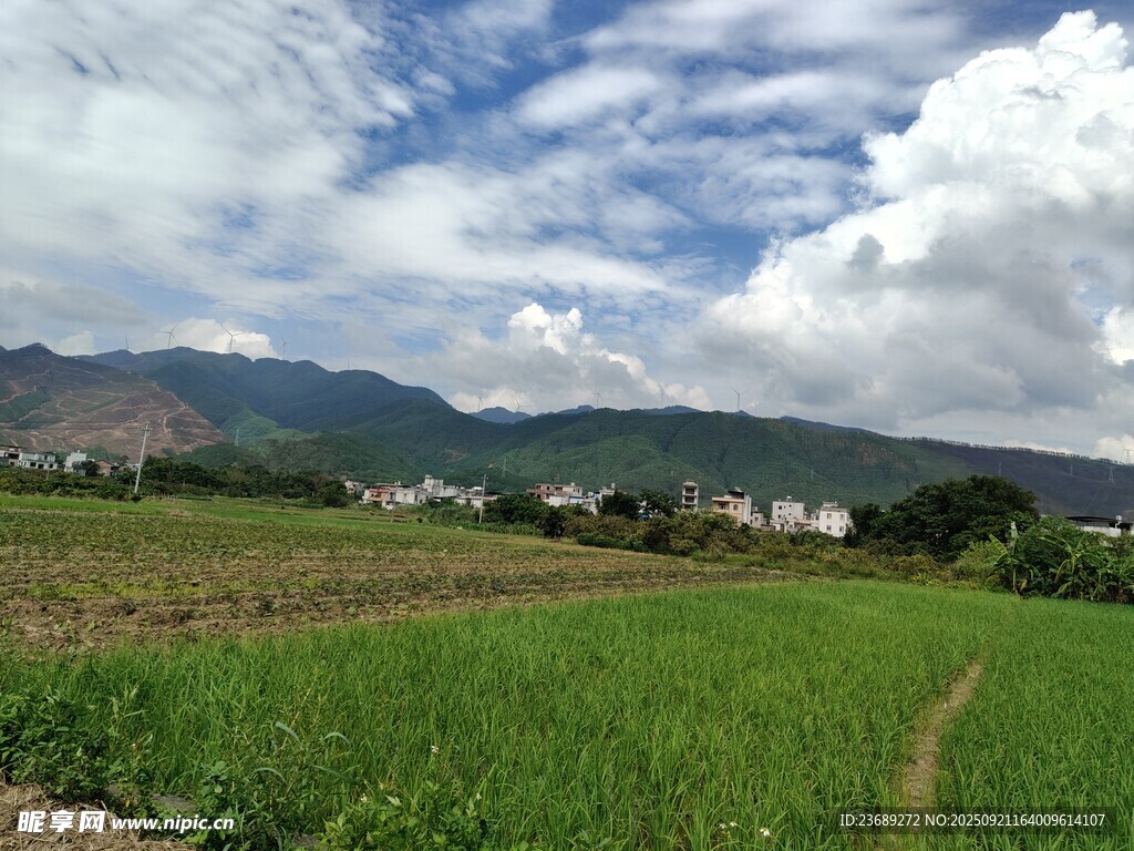 田园绿野间的山景风光