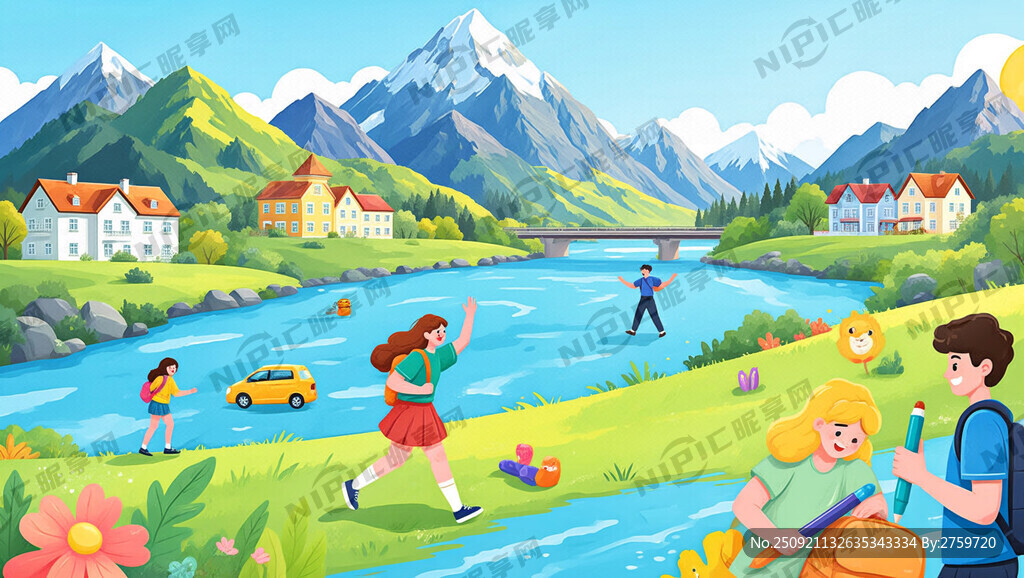 欧美国家学生文具的宣传画