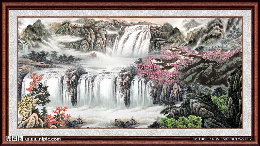 山水瀑布国画风景图