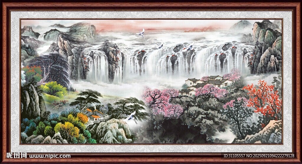 山水瀑布国画风景图