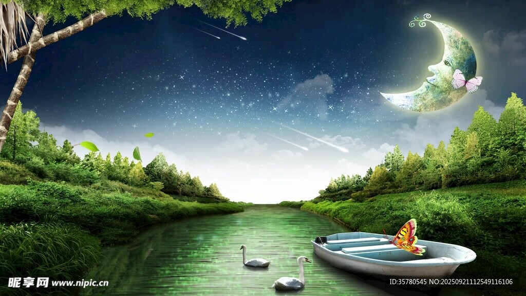 梦幻河畔小船的静谧夜景