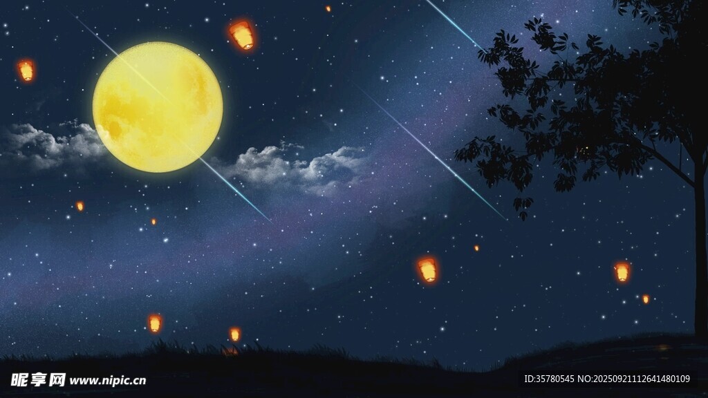 月夜放飞孔明灯浪漫场景