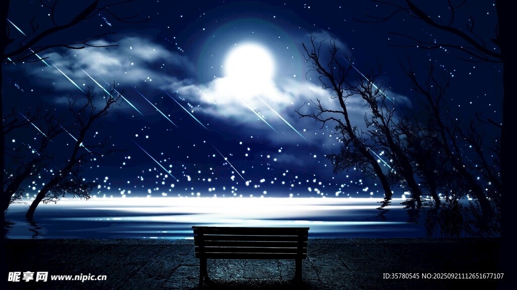 月下湖畔长椅静谧夜景