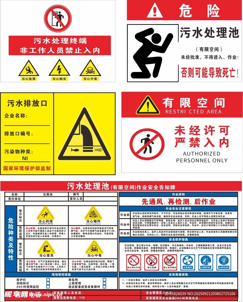 多种安全警示标识集合污水排放
