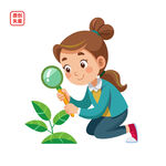 女孩用放大镜观察小植物