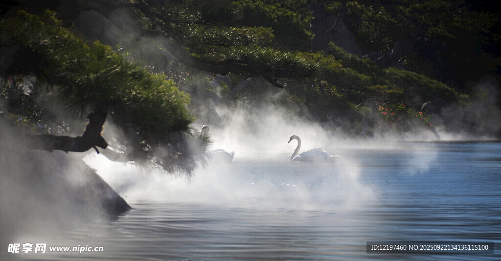 山间湖水水雾缭绕美景
