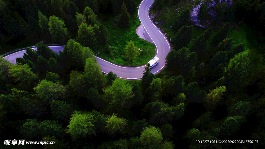 蜿蜒公路穿梭于翠绿山林