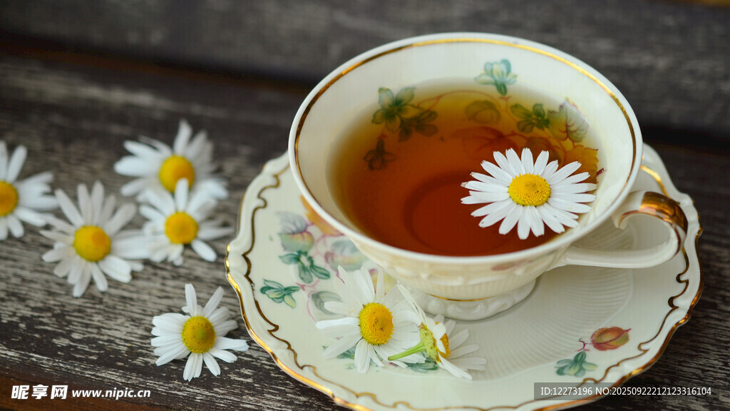 雏菊点缀的精致茶杯