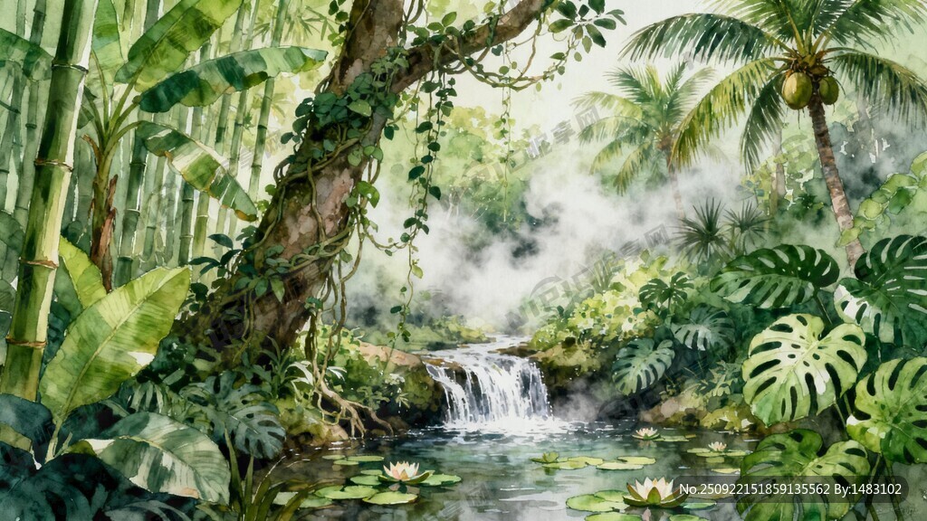 手绘 绘画 热带丛林 热带雨林