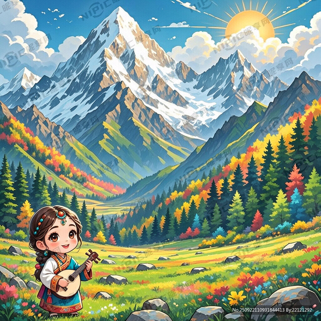 藏族卡通娃娃 背景是雪山彩林