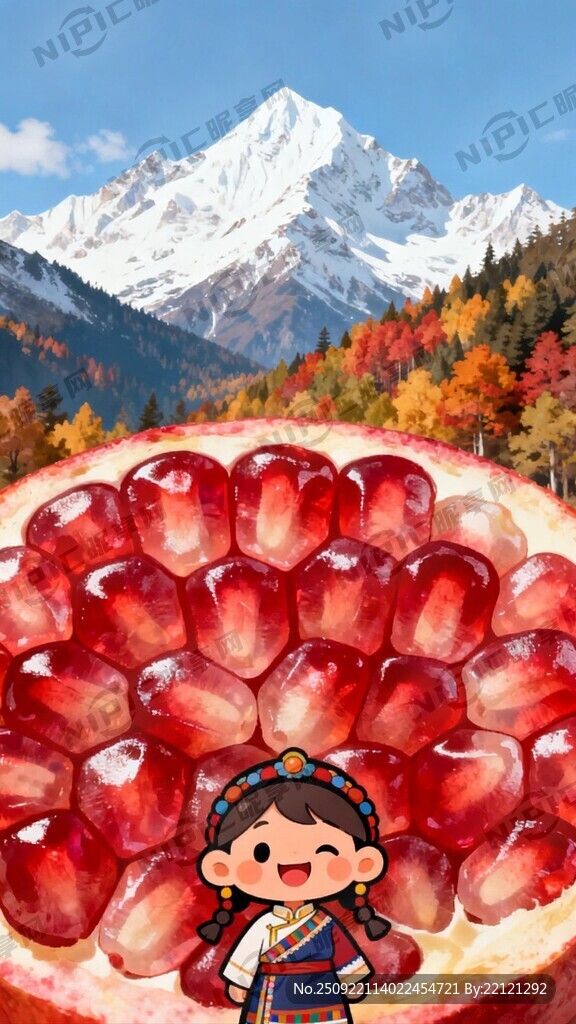 背景是雪山彩林 特写石榴籽图案