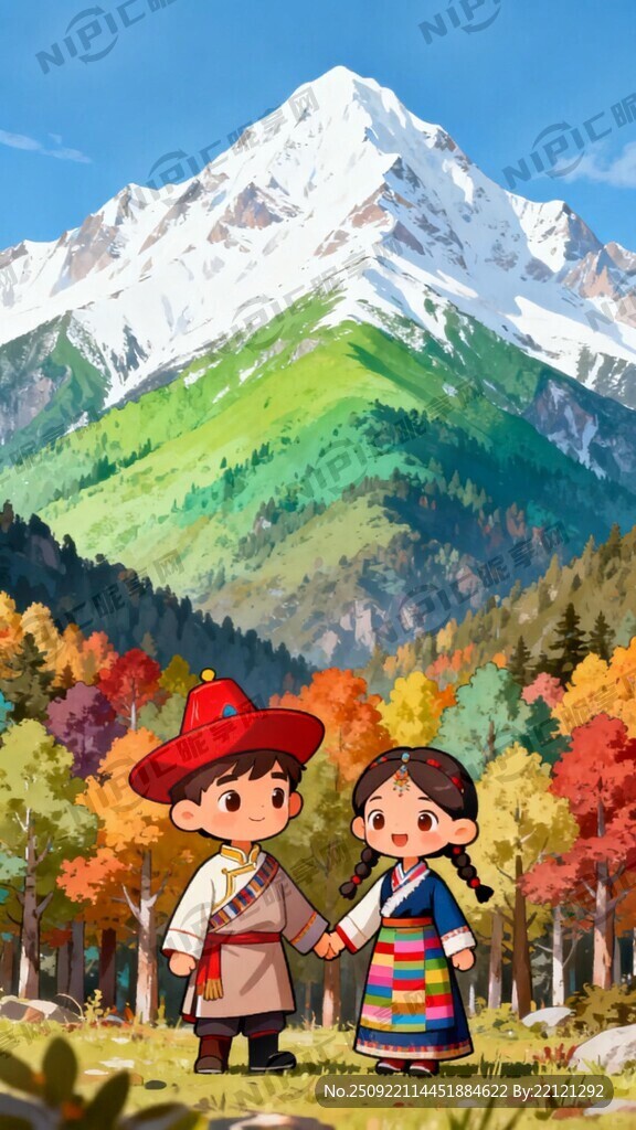 背景是卡通雪山彩林