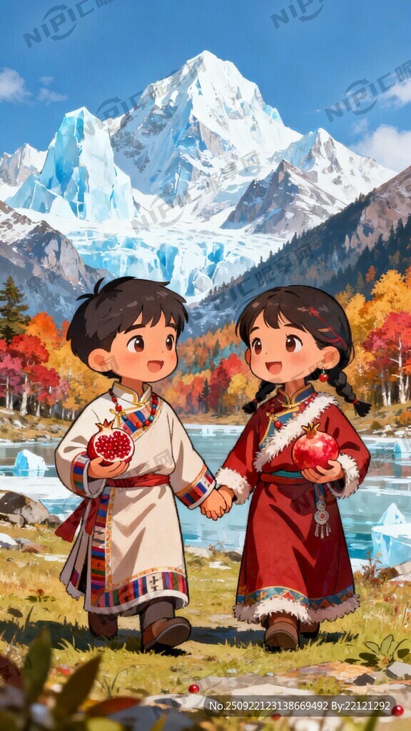 要有卡通藏族娃娃牵手 有石榴籽