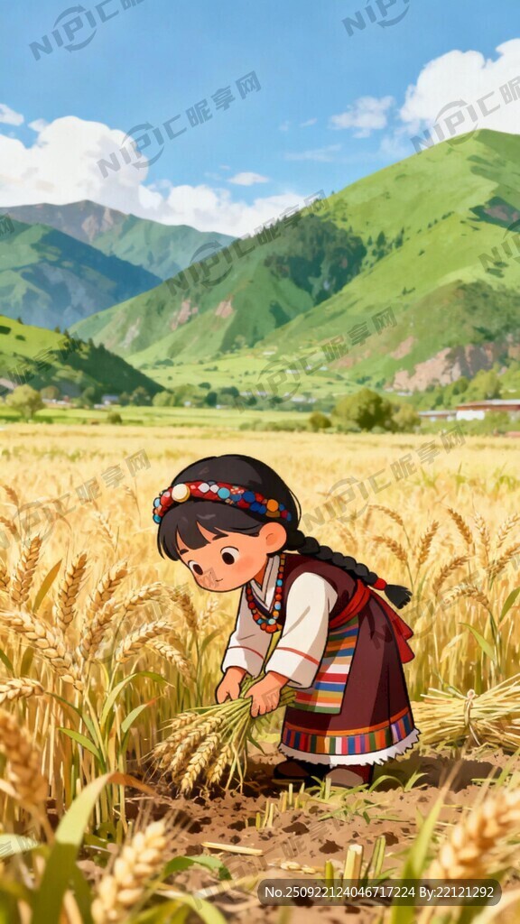 卡通藏族娃娃在麦田劳动
