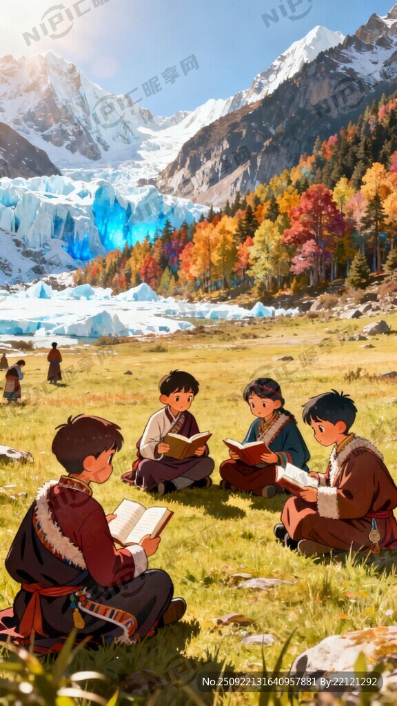 藏族卡通学生围坐在草地上学法