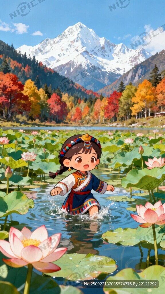 藏族卡通娃娃在荷花池里玩耍