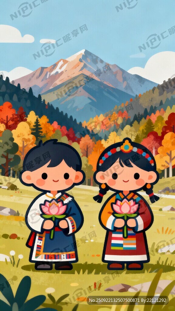 两个藏族卡通娃娃手拿莲花