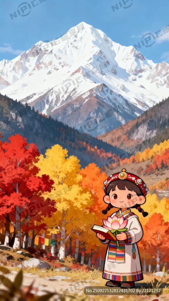卡通雪山彩林 有藏族娃娃