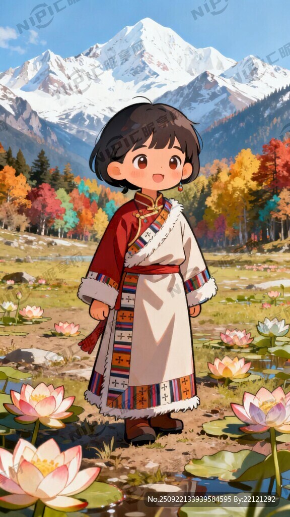 卡通藏族娃娃 地上有许多莲花