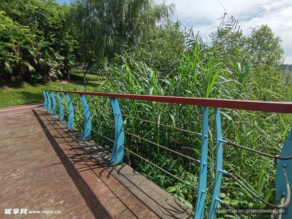河畔蓝栏杆步道风景