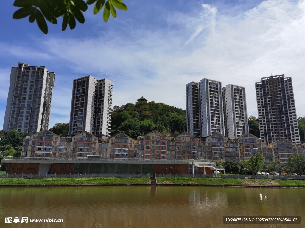 湖畔高楼林立的城市景致