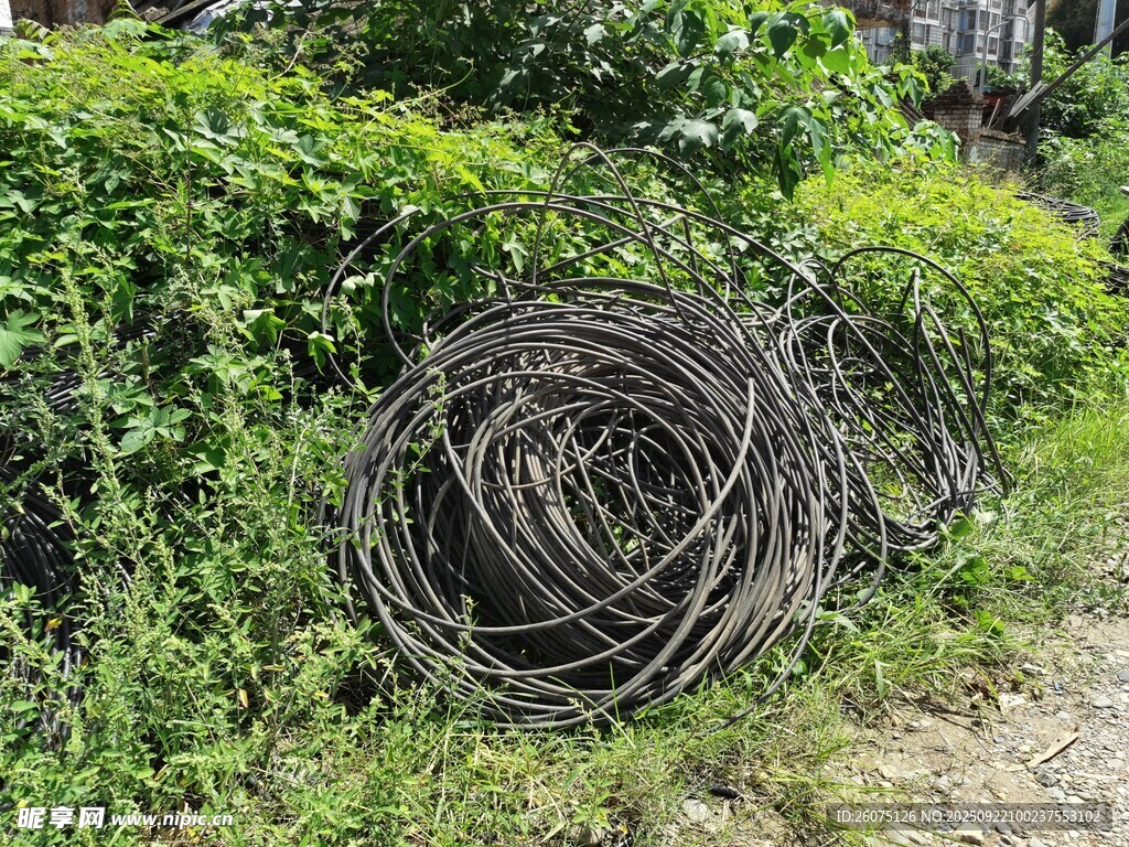 户外缠绕的黑色线缆