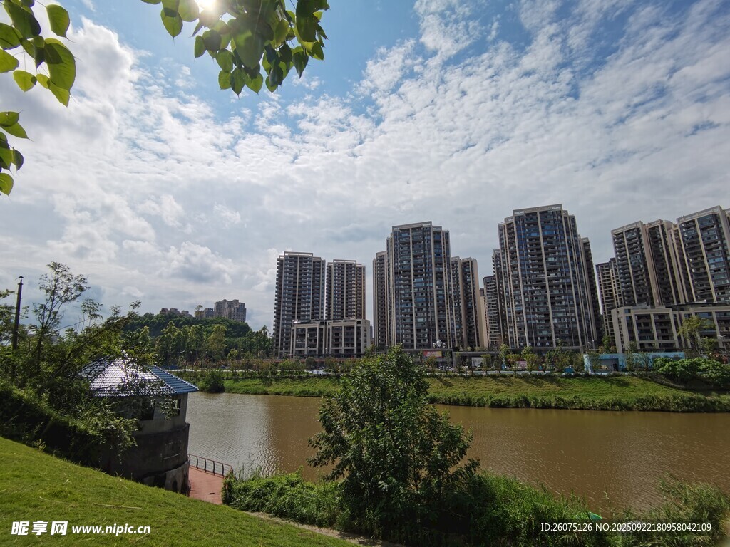 河畔高楼与绿意景观