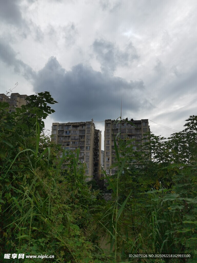 乌云下的城市与葱郁植被