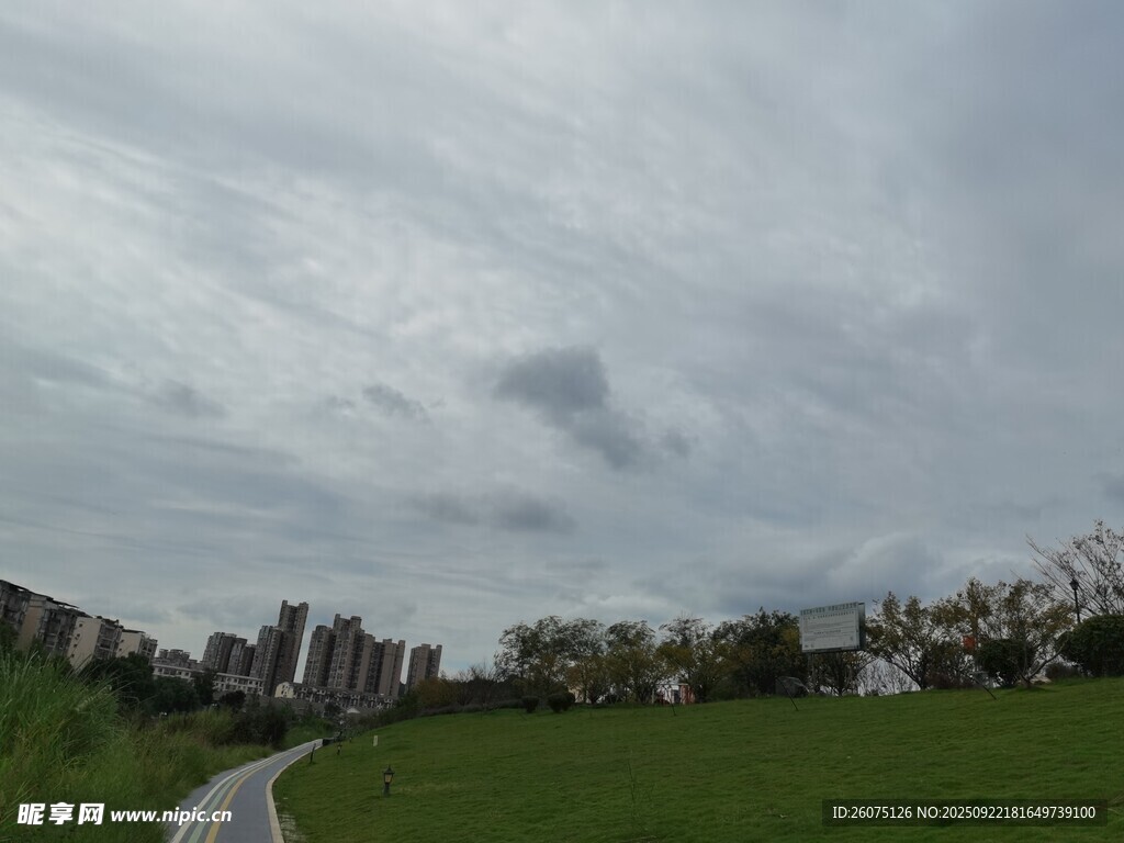 城郊绿地阴天下的宁静风景