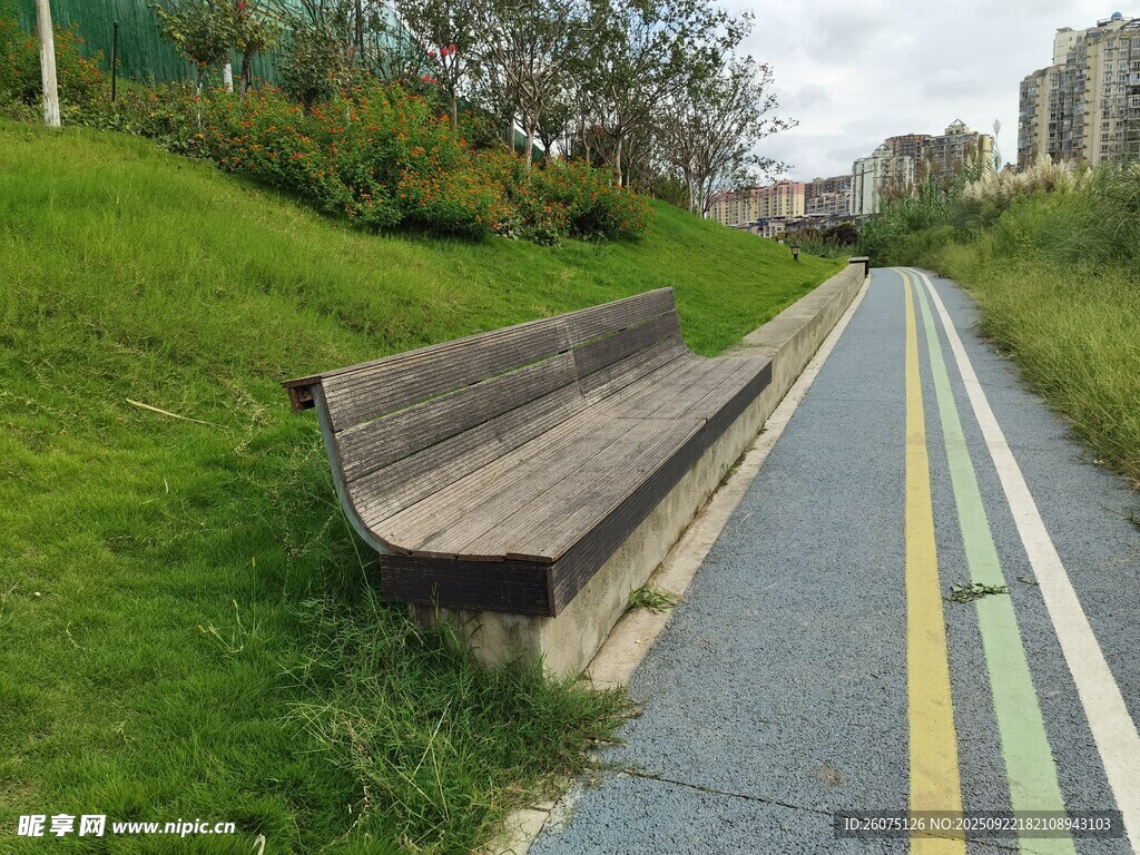 路边长椅静谧的户外场景