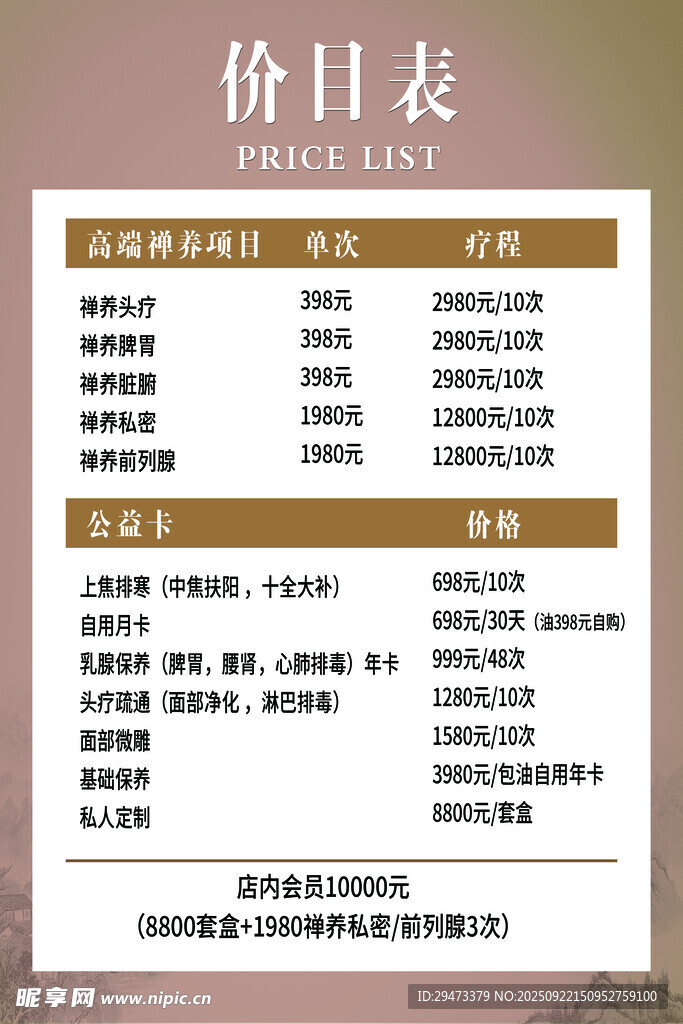 美容美发价目表