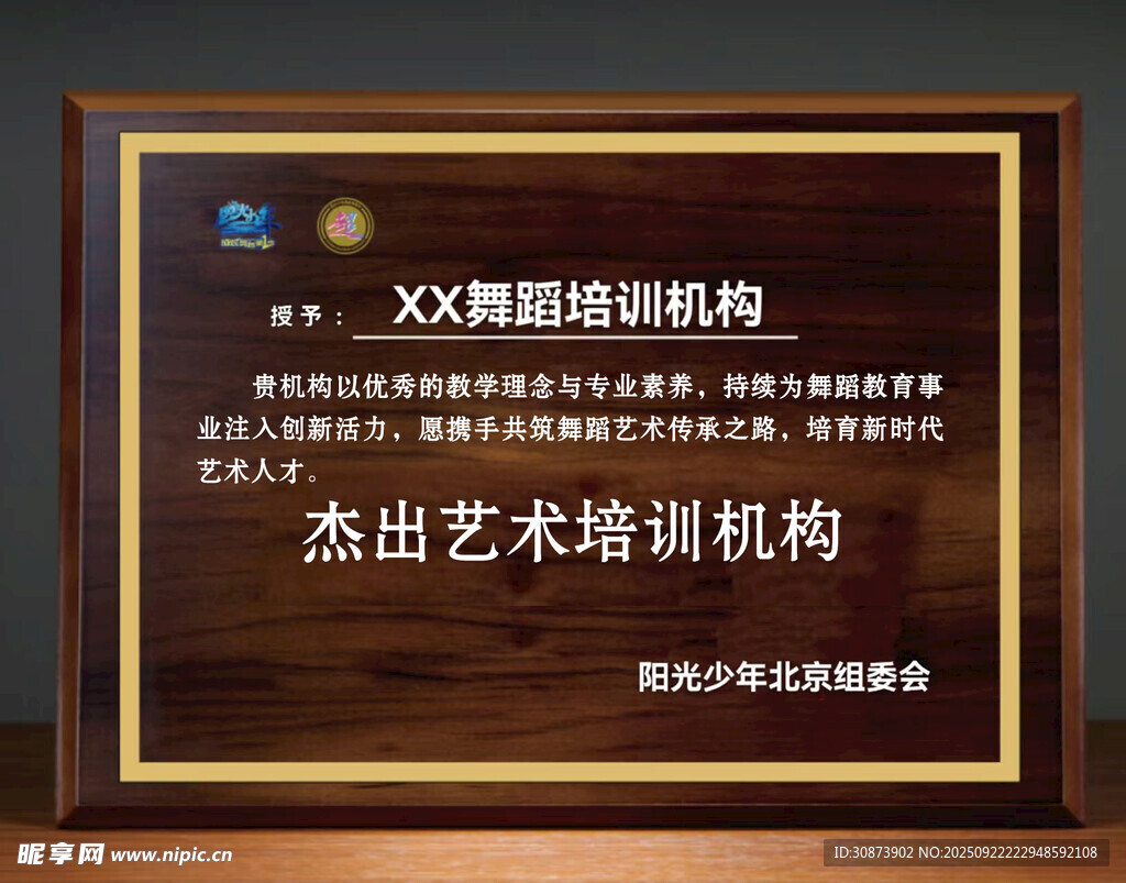 艺术培训机构荣誉牌匾