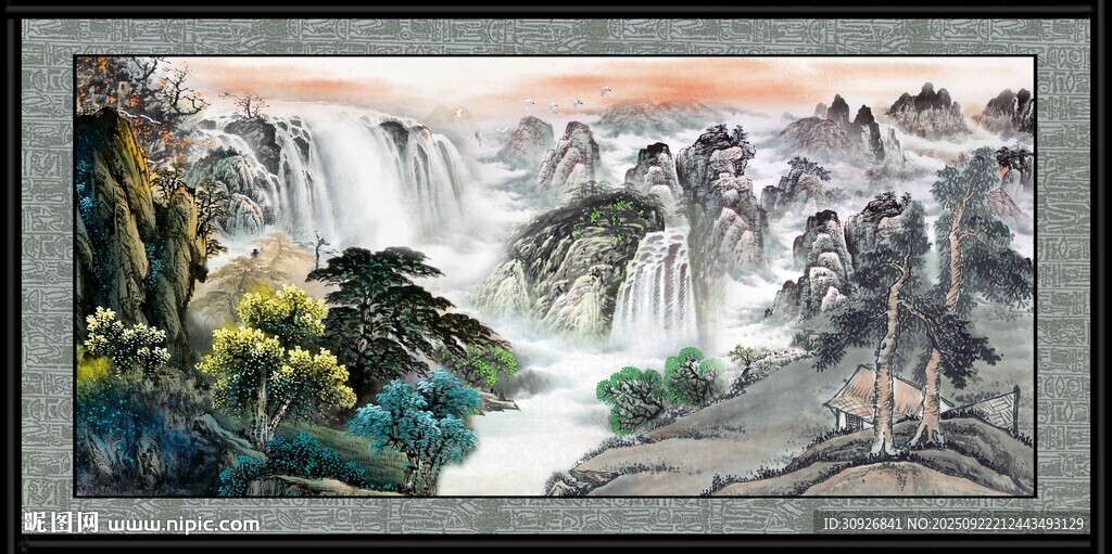山水国画中的壮丽瀑布景观