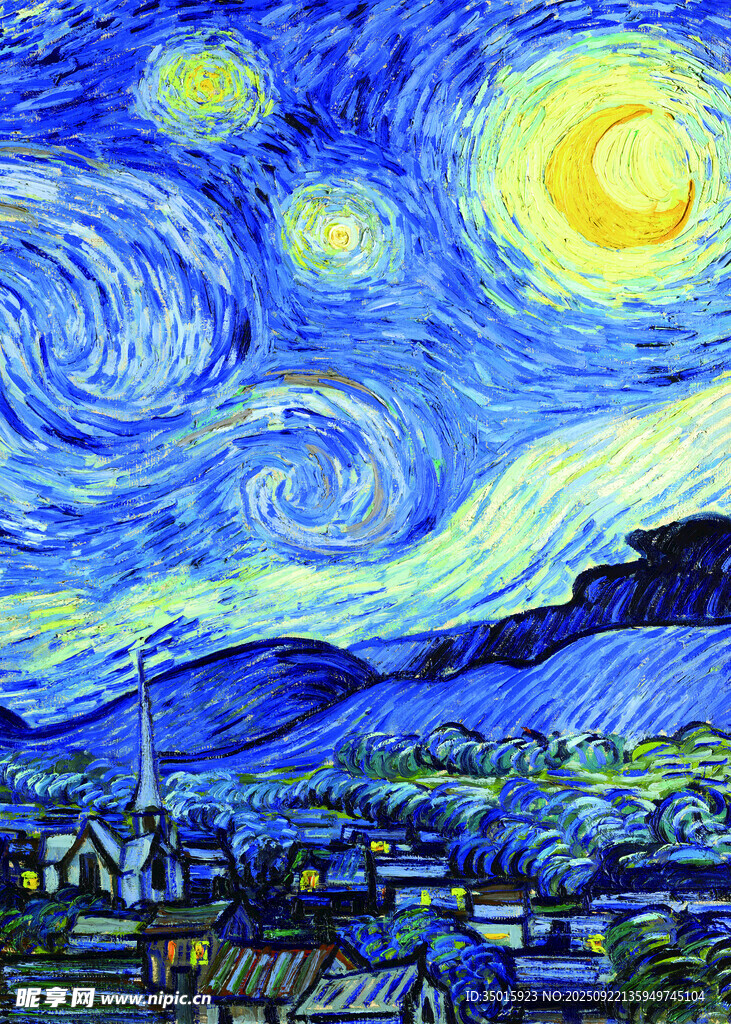 梵高风格星空下的城镇景象