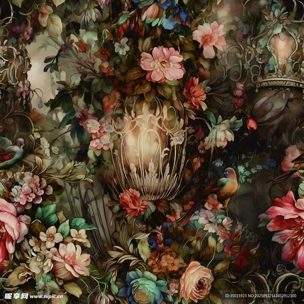 繁花簇拥的古典花瓶图景
