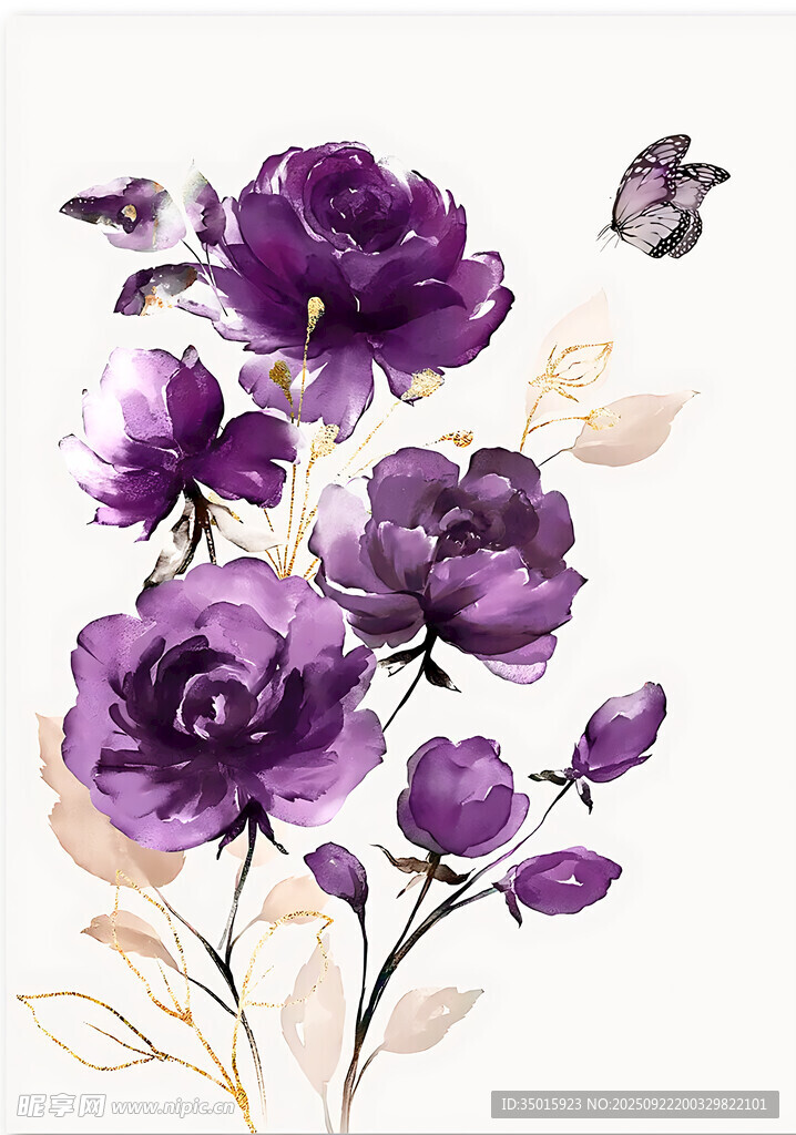 紫色花卉与蝴蝶唯美插画