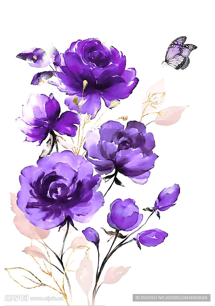 紫色花卉与蝴蝶唯美插画
