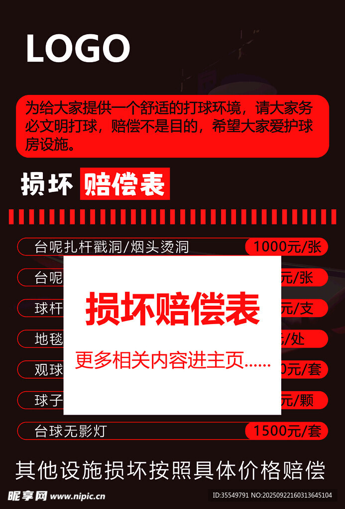 损坏赔偿表