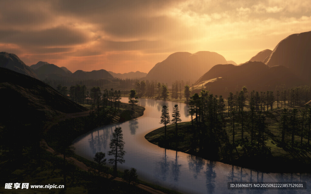 夕阳下的山水风光美景