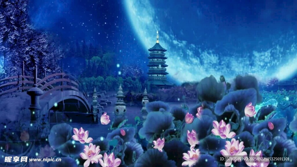 梦幻夜景中的繁花与古塔