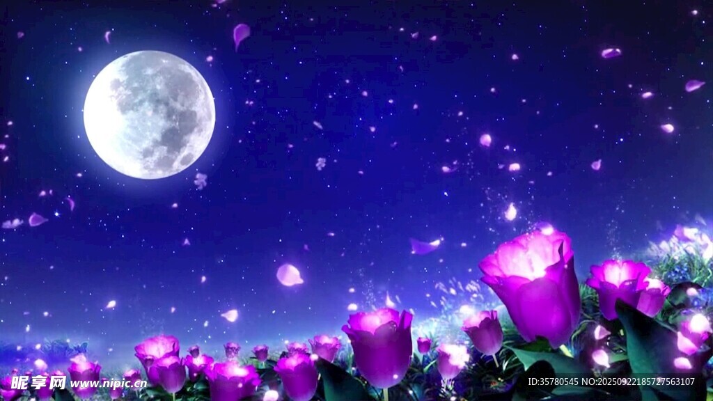 梦幻月夜下的绚烂花丛