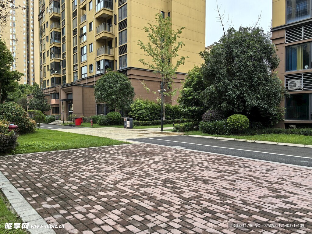 小区内的砖石铺就景观路