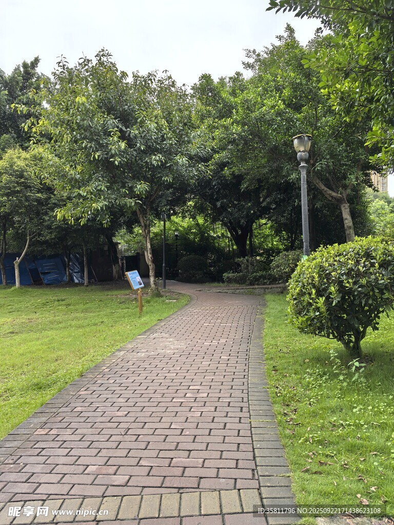 公园幽静砖铺小径景观