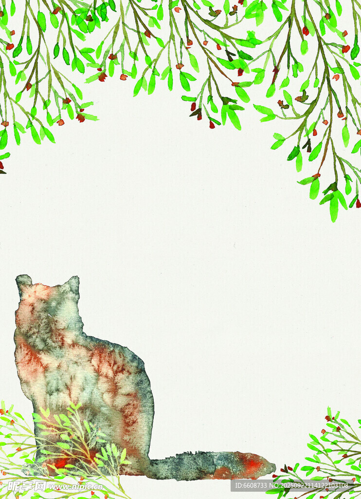 水彩猫咪置身绿植间