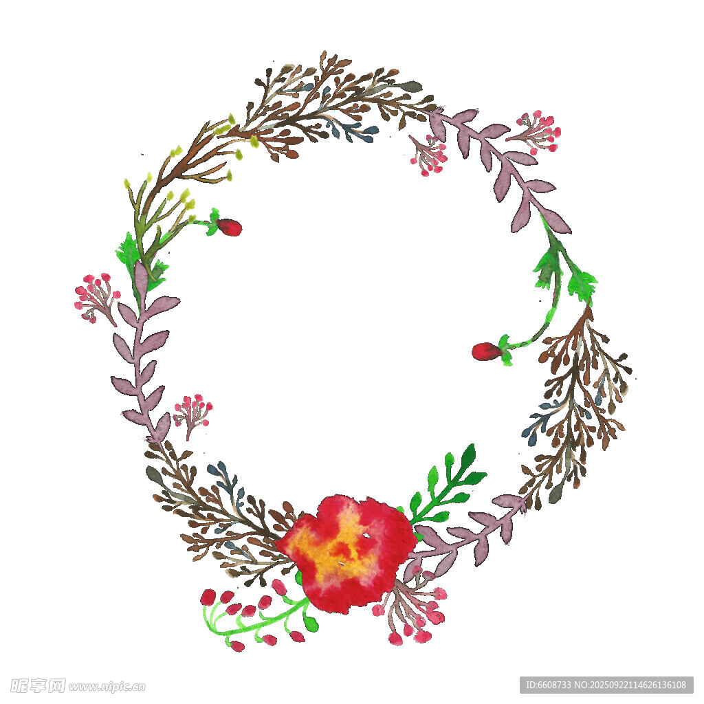 手绘花卉藤蔓装饰花环