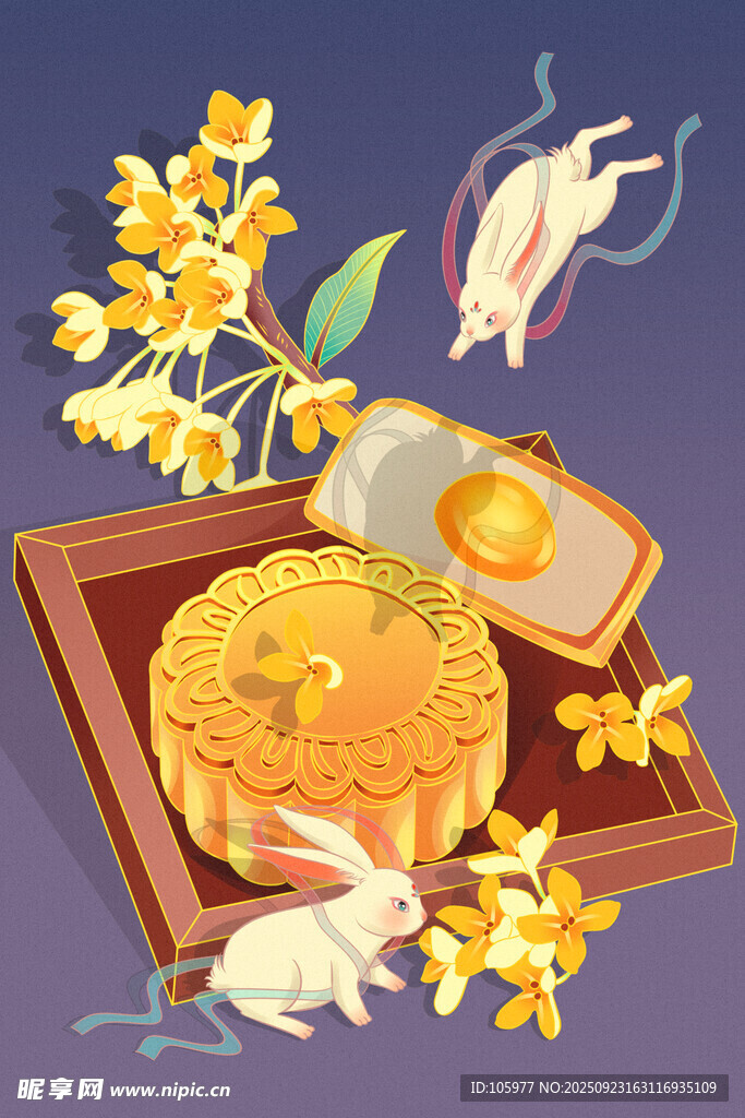中秋佳节月饼桂花与玉兔