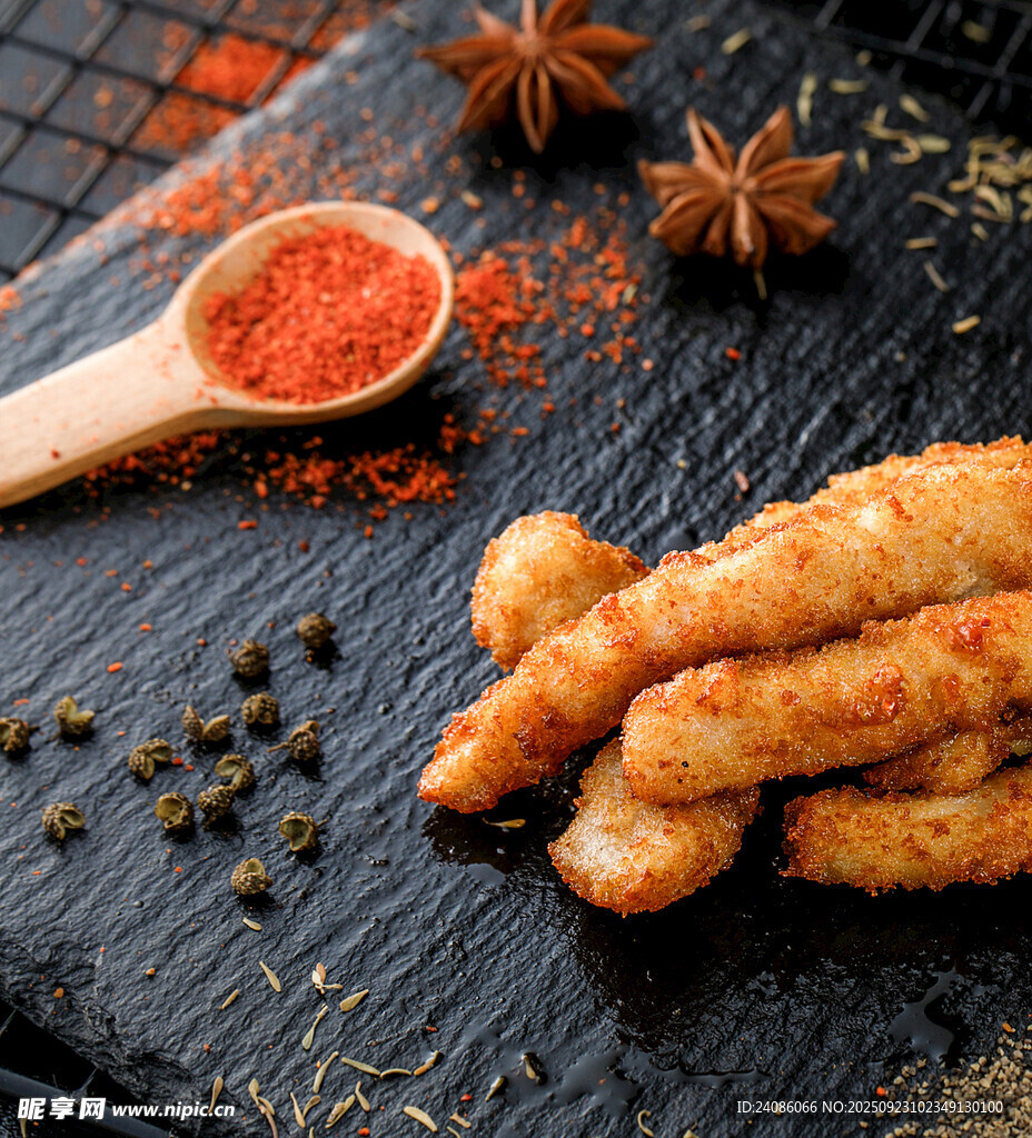 黑石板上的香料与美味炸物